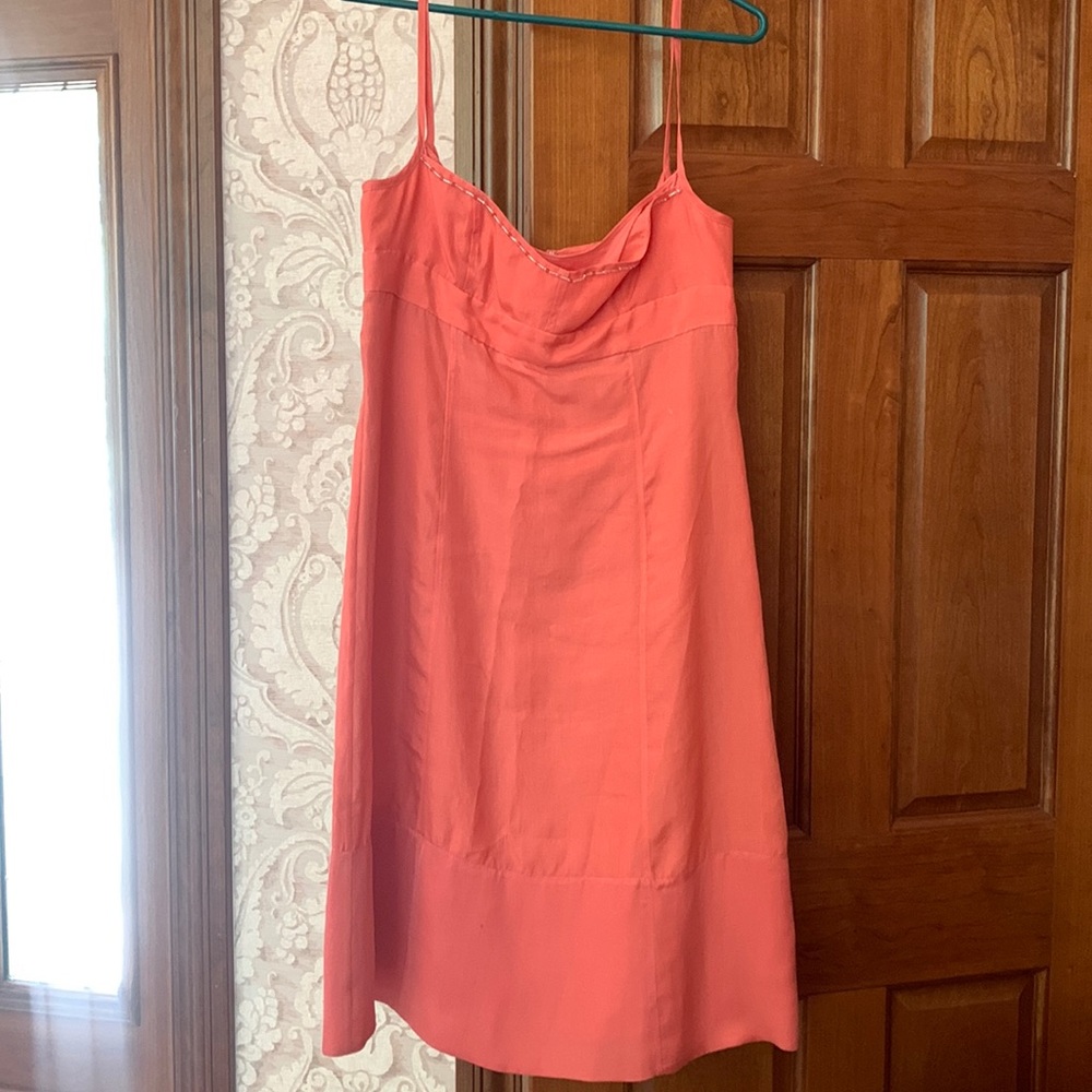 Silk coral J Crew midi dress with beading at bust